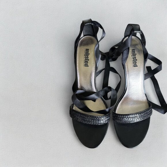 Strappy Heels Sz 10 Black Satin Wrap-Around Ties Unlisted Kenneth Cole Formal - Picture 3 of 7